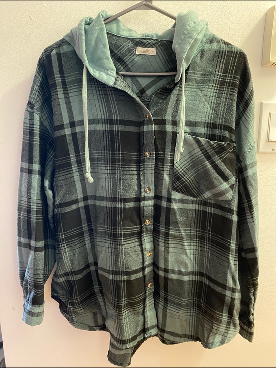 Ardene Tops - Ardene Mint Green and Black Plaid Button-Down Shirt with Hood